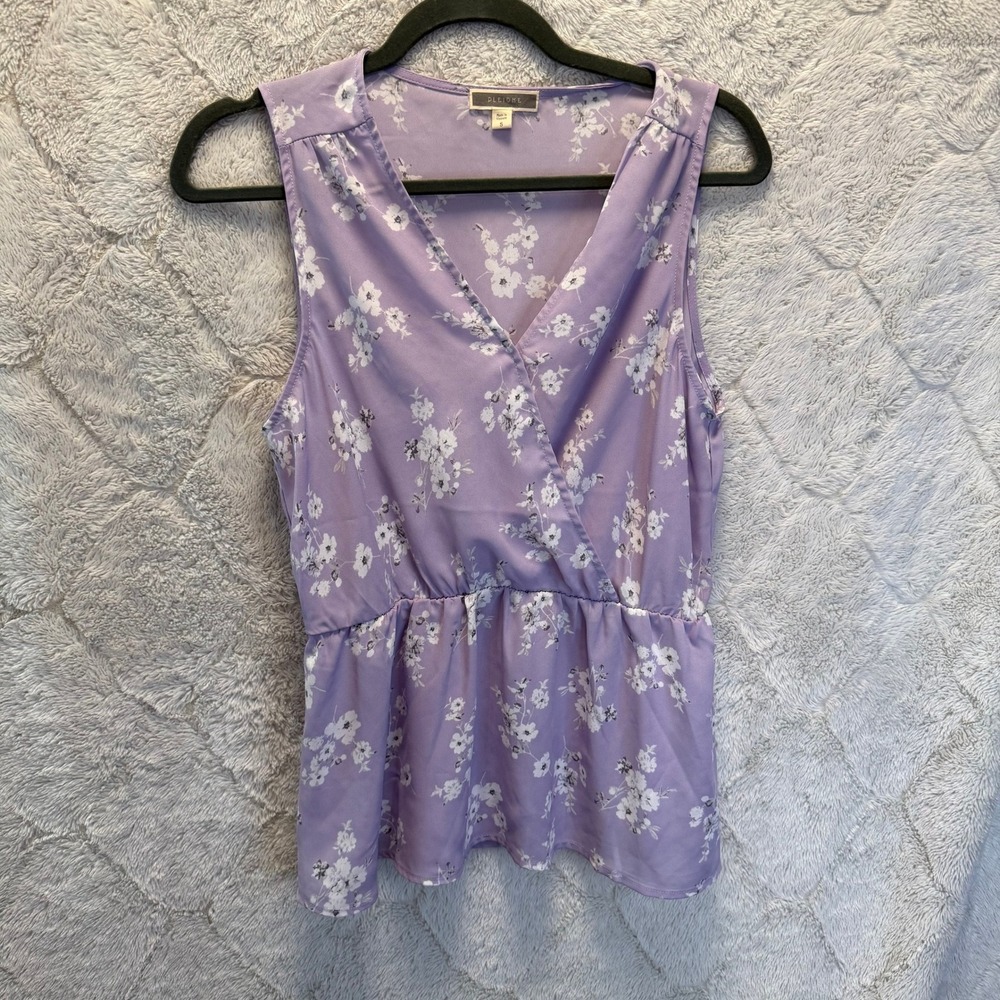 Pleione Lavendar Lilac Purple Ditsy Floral Faux Wrap Peplum Blouse S Career - Picture 2 of 9